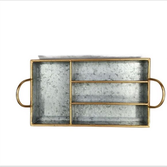 alvanized Divided Organizer Tray Silver with Gold Trim Handles Silver Ware - Picture 1 of 6